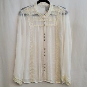 Sheer White Long Sleeve Pleated Front Blouse